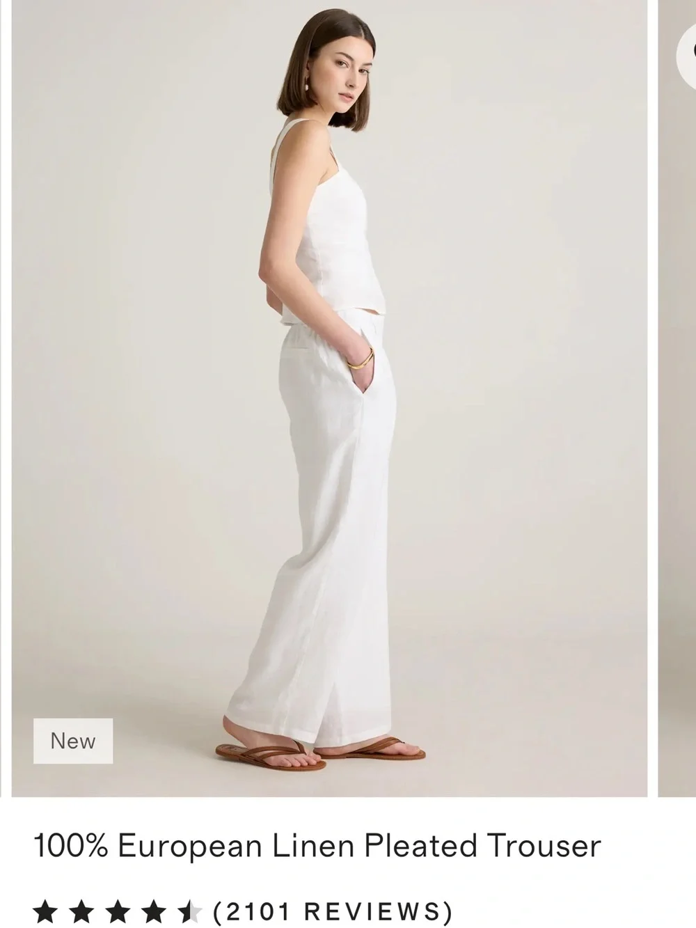 Quince White 100% European Linen Pleated Wide-Leg Trousers Fully Lined, Size 6